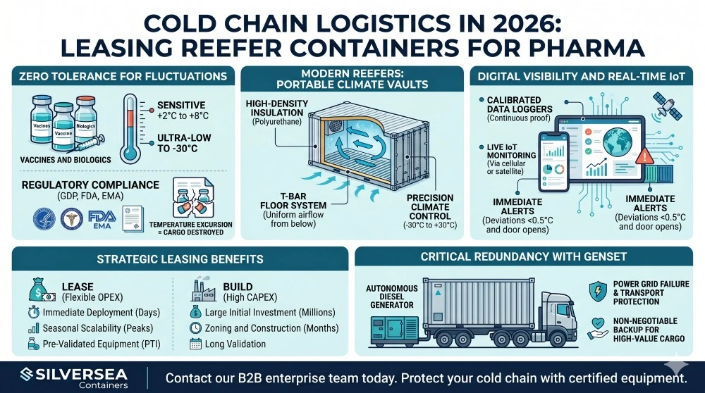 Infographic detailing cold chain logistics for pharmaceuticals in 2026, highlighting the strategic benefits of leasing modern reefer containers. Visualizes zero tolerance for temperature fluctuations, portable climate vaults with high-density insulation, real-time IoT temperature monitoring, OPEX advantages of leasing versus CAPEX building, and critical Genset redundancy for vaccines and biologics by Silversea Containers.