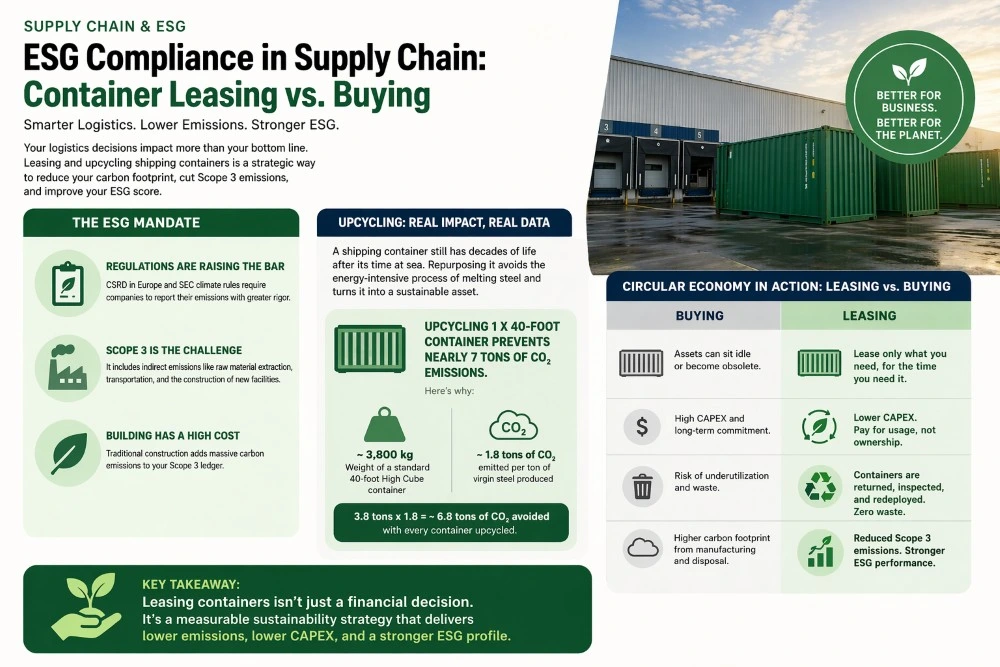 Infographic comparing container leasing vs buying for ESG compliance in supply chain operations, highlighting lower Scope 3 emissions, circular economy benefits, and reduced CAPEX.