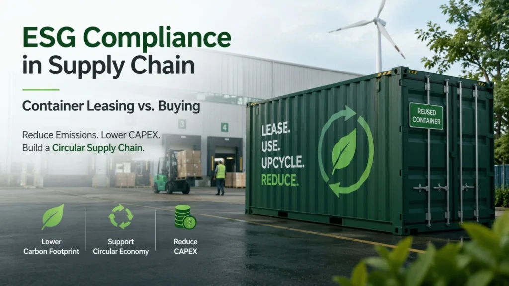 Green shipping container outside a warehouse illustrating ESG compliance in supply chain through container leasing, reuse, lower emissions, and circular economy strategy.