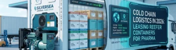 Cutaway view of a dynamic 40FT SILVERSEA Pharma Leasing reefer container on a semi-truck at a loading bay. The interior is stocked with pallets of mRNA Vaccine boxes. Key features are displayed on digital panels: temperature set point -20°C (-4°F) (Compliant); Live IoT Monitoring for Global and GPS tracking, Genset (backup) power status, 100% temp stability, and secured authorization. Main text states 'COLD CHAIN LOGISTICS IN 2026: LEASING REEFER CONTAINERS FOR PHARMA' with 'B2B AGILITY SOLUTIONS'. An attached diesel generator is visible.