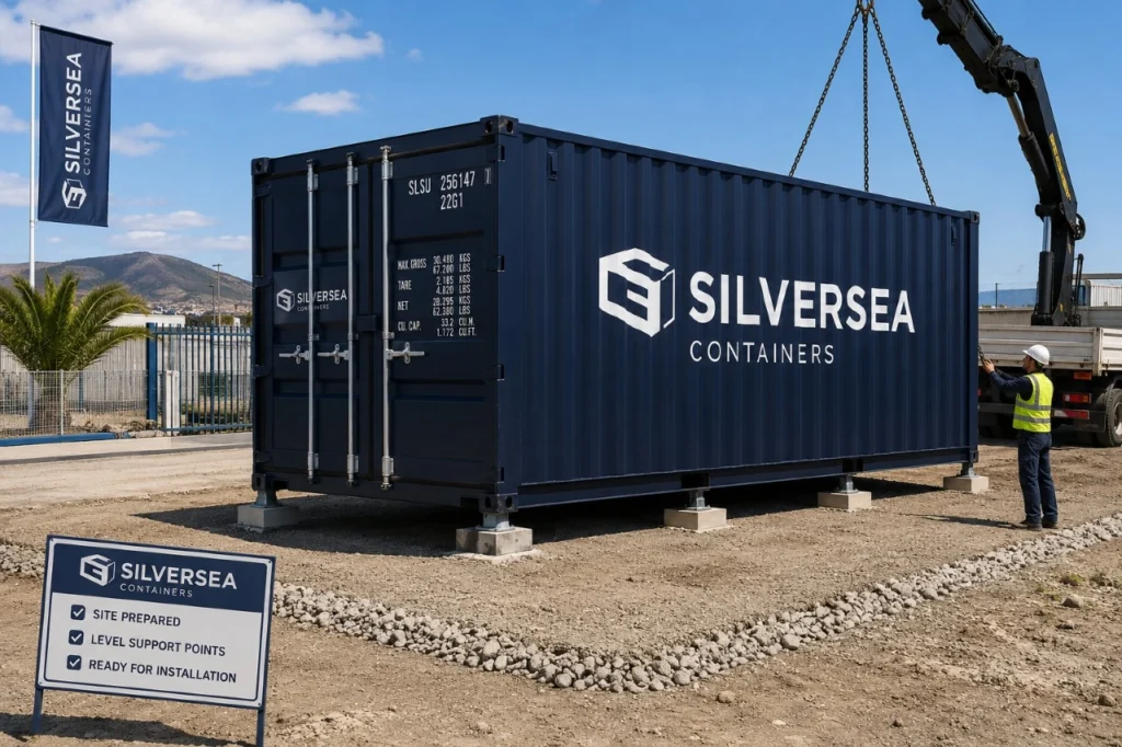 Shipping container installed on light support points on a prepared site in Spain without permanent foundations