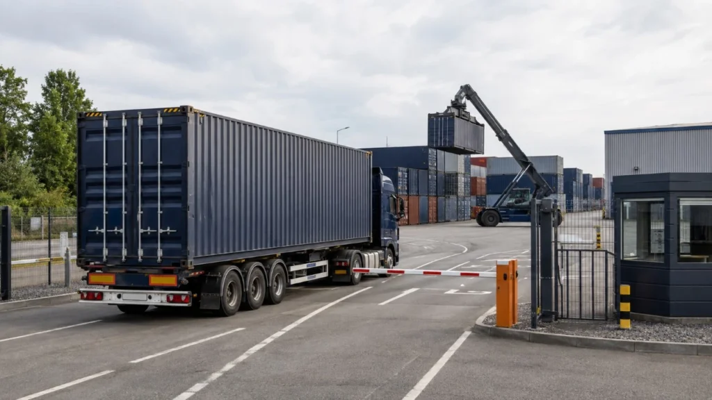 Truck entering a European container depot for container pickup, return or storage operations.
