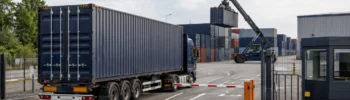 Truck entering a European container depot for container pickup, return or storage operations.