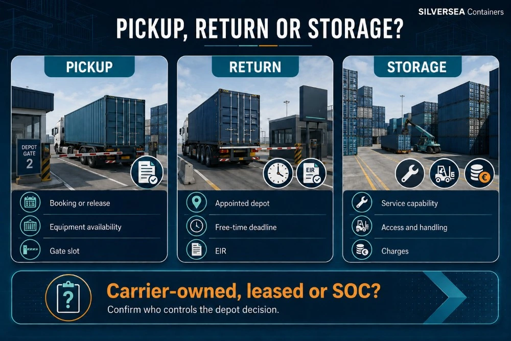 Infographic comparing container pickup, return and storage requirements at container depots in the UK and Europe.