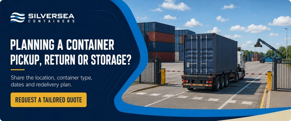 SILVERSEA Containers banner inviting businesses to request a tailored quote for container pickup, return or storage planning in Europe.