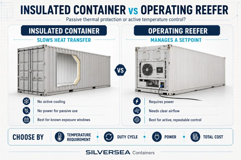 Insulated container vs operating reefer infographic comparing cooling, power, airflow, duty cycle and total cost.