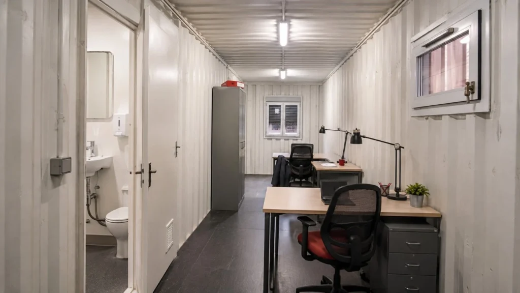 Interior of an office container with workstations and an integrated toilet compartment for temporary site use.