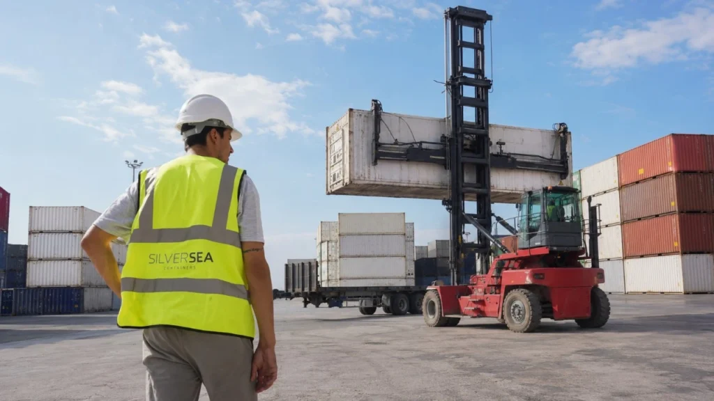 SILVERSEA Containers specialist overseeing the handling of an industrial cargo container with a reach stacker.