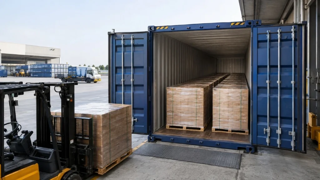 Euro pallets loaded in parallel rows inside a 40ft High Cube Pallet Wide container at a European logistics facility.