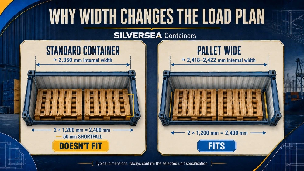 Pallet Wide vs standard container showing the 2,400 mm needed for two Euro pallets and the standard container’s 50 mm shortfall.