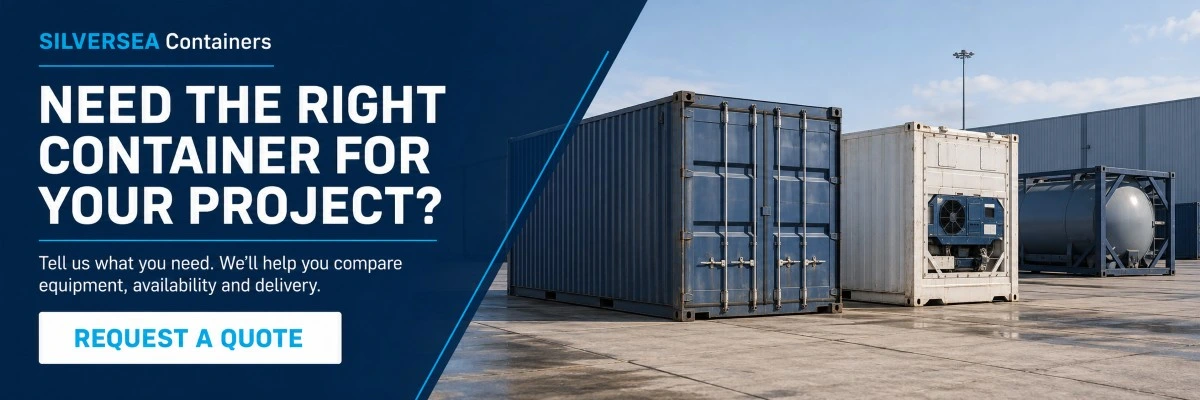 Dry, reefer and special equipment containers with a request-a-quote banner from SILVERSEA Containers.