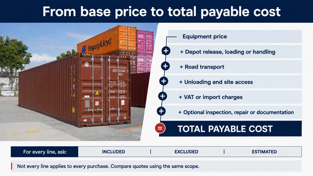 Infographic showing how equipment price, depot handling, transport, unloading and taxes form the total shipping container cost in Europe.