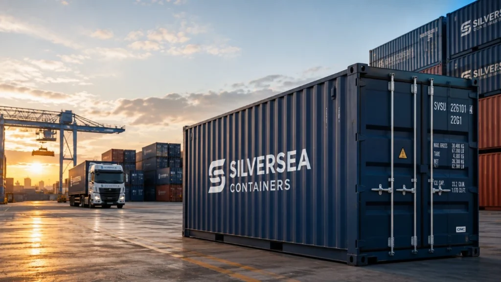 SILVERSEA Containers shipping container in a European logistics yard illustrating standard and one-way container rental operations