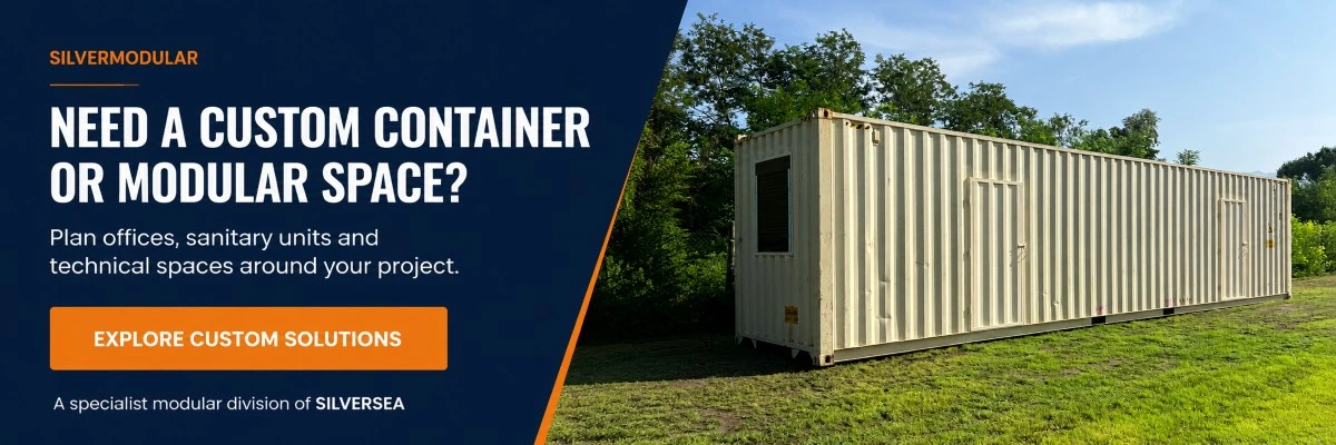 SILVERMODULAR banner for custom container offices, sanitary units and modular technical spaces.