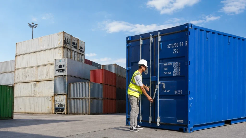 SILVERSEA specialist inspecting a 20ft container in a depot with dry, High Cube and refrigerated units