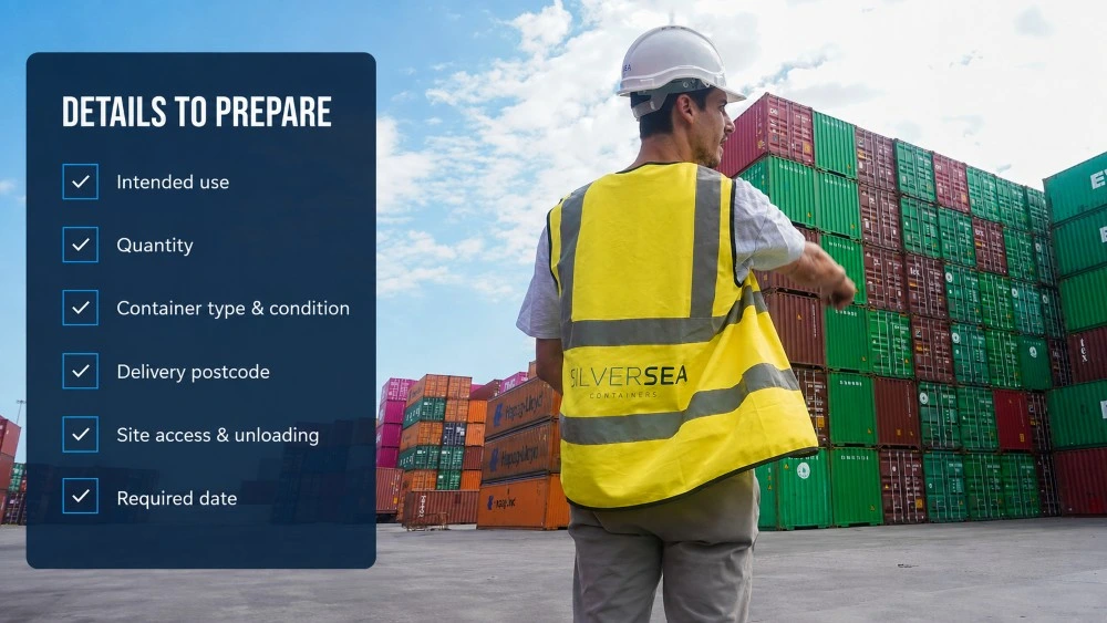 SILVERSEA Containers operations specialist at a container depot with a checklist of details needed to request a shipping container quote in Spain.