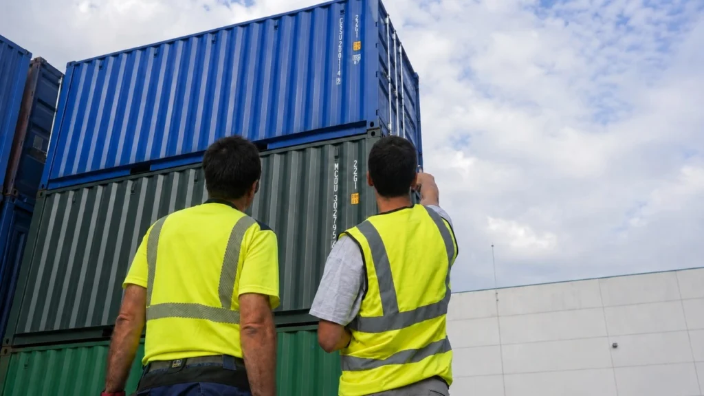 Two operations specialists inspecting stacked shipping containers before preparing a quote for a container project in Spain.