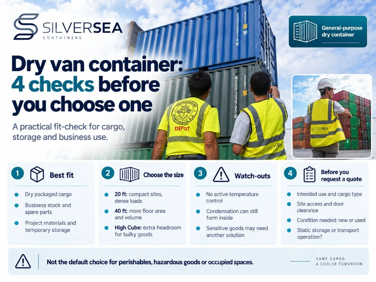 Infographic showing four checks for choosing a dry van container for cargo, storage and business use.