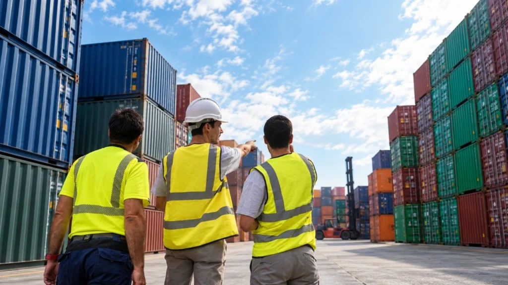 Team inspecting shipping containers in a yard while assessing suitable dry van units for storage or cargo use.
