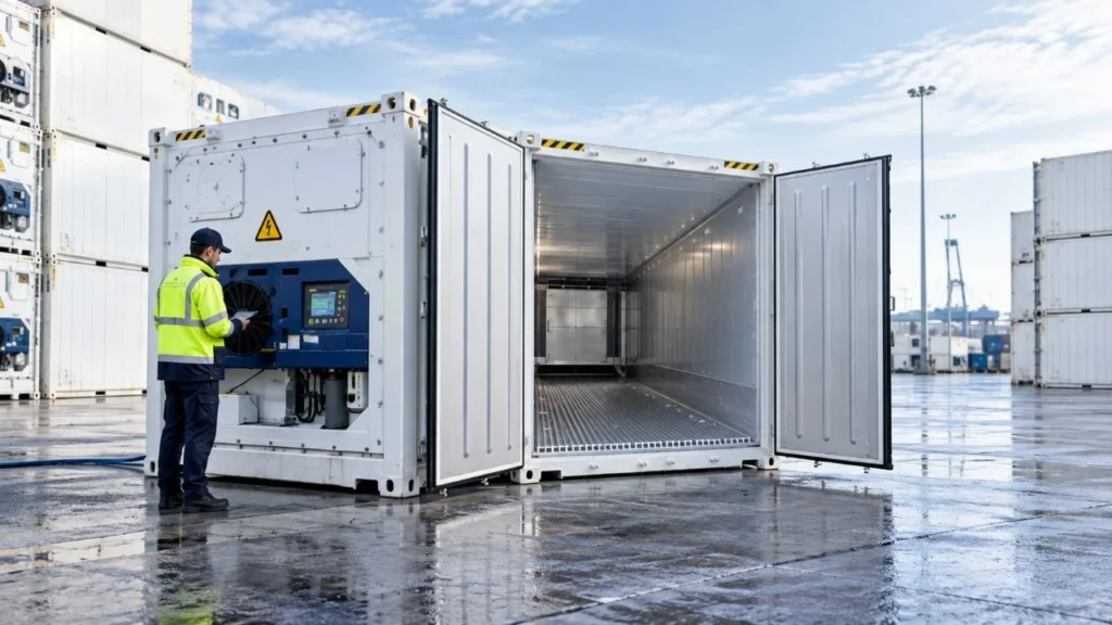 Technician inspecting a reefer container for temporary cold storage rental at a European logistics site.