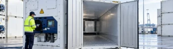 Technician inspecting a reefer container for temporary cold storage rental at a European logistics site.