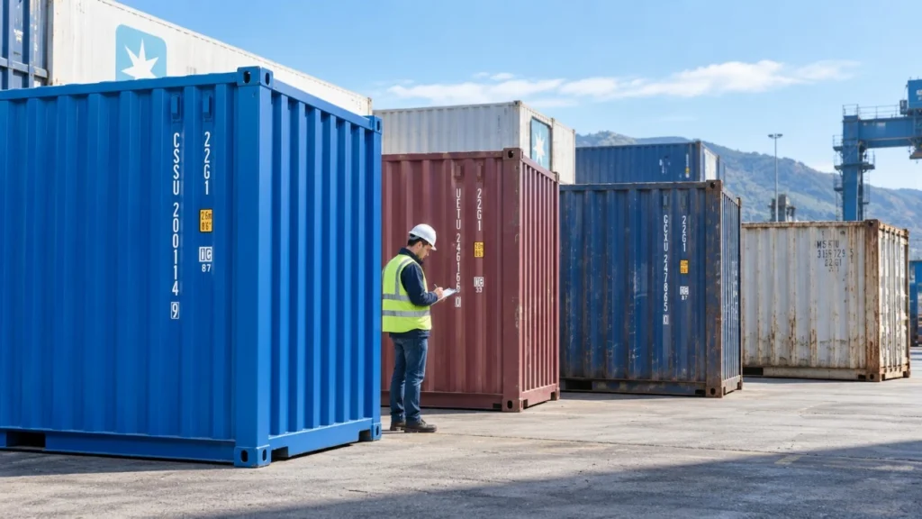 Inspector reviewing used shipping containers in different conditions at a container yard in Europe