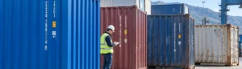 Inspector reviewing used shipping containers in different conditions at a container yard in Europe
