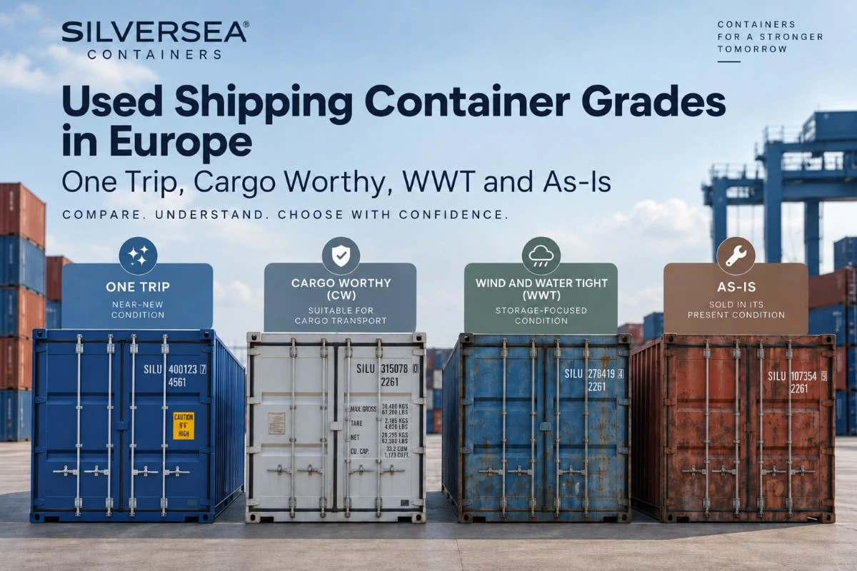 Infographic comparing One Trip, Cargo Worthy, WWT and As-Is used shipping container grades in Europe