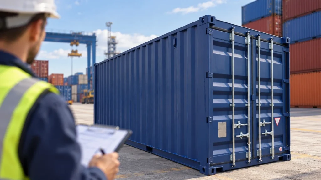 Blue shipping container in a port yard with a logistics worker inspecting a lease quote on a clipboard.