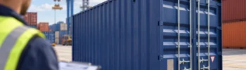 Blue shipping container in a port yard with a logistics worker inspecting a lease quote on a clipboard.