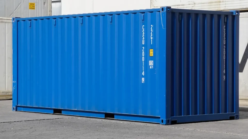 Blue shipping container at a depot, with its identification number and size/type markings visible on the side panel.