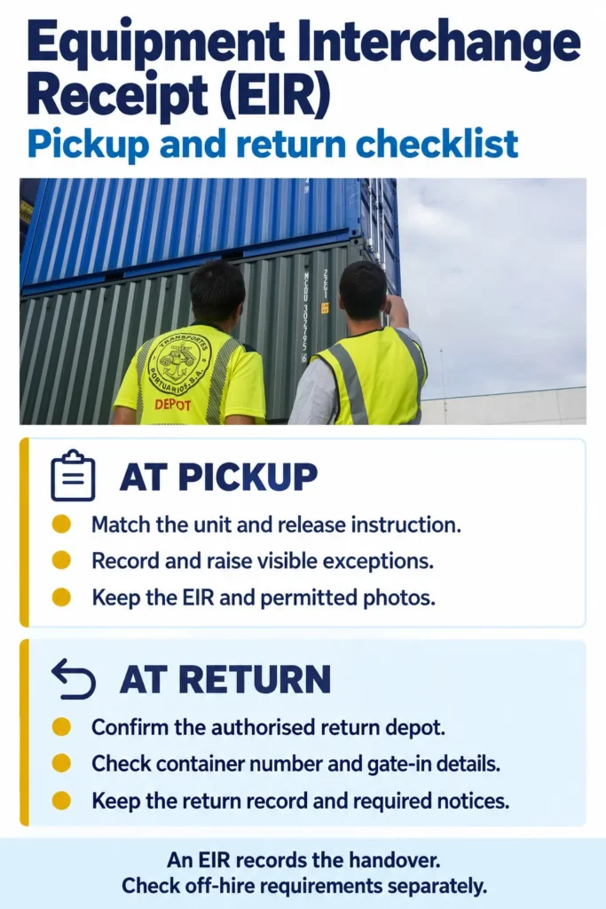 Equipment Interchange Receipt (EIR) infographic showing container pickup and return checks, with a photograph of two workers beside stacked containers.