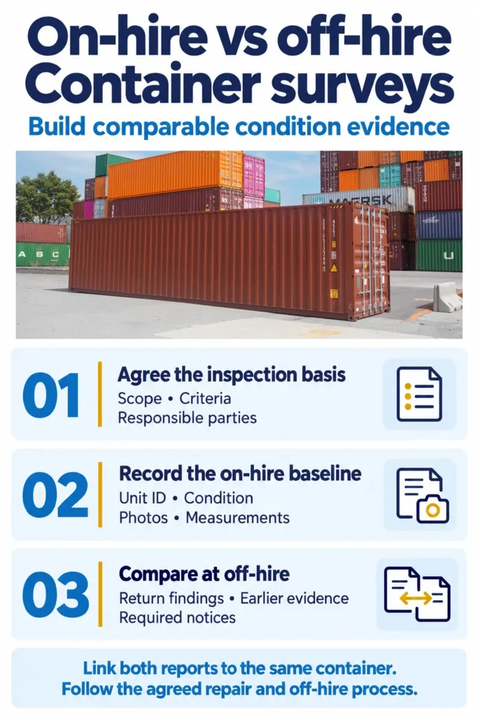 Infographic on on-hire and off-hire container surveys showing agreed inspection criteria, baseline records and return comparisons, with a real depot photograph.