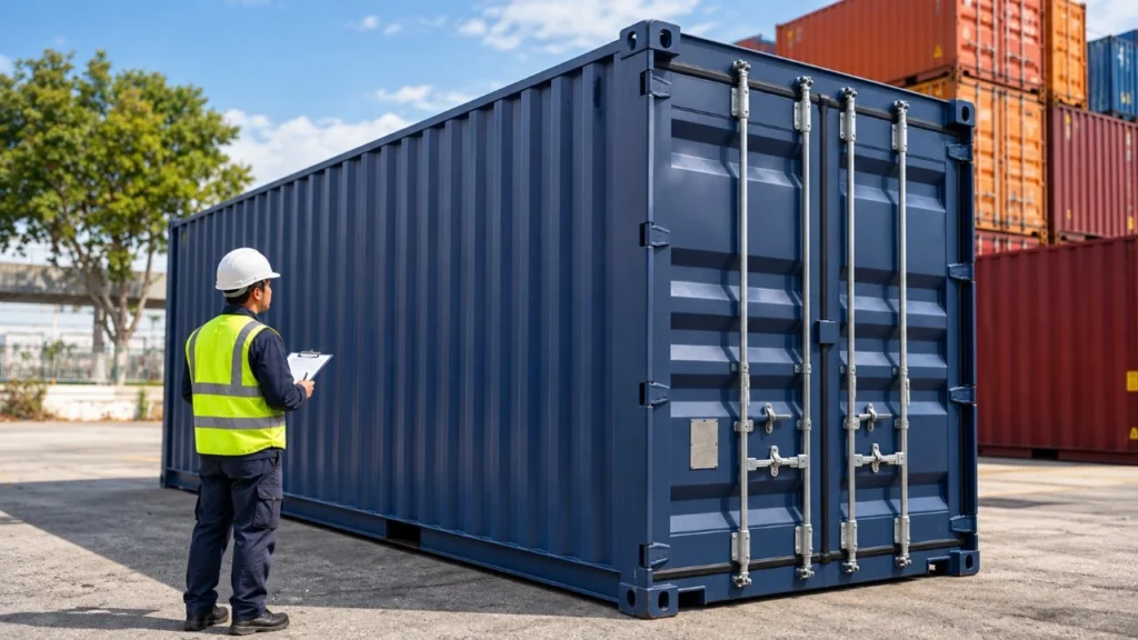 Logistics worker with a clipboard examining a blue shipping container in a depot yard before reuse.