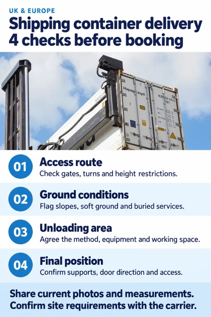 Shipping container delivery site checklist covering access, ground conditions, unloading space and final placement.