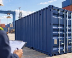 Blue shipping container in a port yard with a logistics worker inspecting a lease quote on a clipboard.