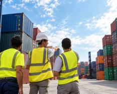 Team inspecting shipping containers in a yard while assessing suitable dry van units for storage or cargo use.
