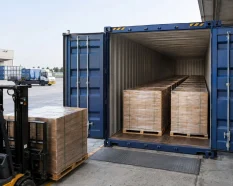 Euro pallets loaded in parallel rows inside a 40ft High Cube Pallet Wide container at a European logistics facility.