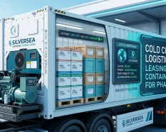 Cutaway view of a dynamic 40FT SILVERSEA Pharma Leasing reefer container on a semi-truck at a loading bay. The interior is stocked with pallets of mRNA Vaccine boxes. Key features are displayed on digital panels: temperature set point -20°C (-4°F) (Compliant); Live IoT Monitoring for Global and GPS tracking, Genset (backup) power status, 100% temp stability, and secured authorization. Main text states 'COLD CHAIN LOGISTICS IN 2026: LEASING REEFER CONTAINERS FOR PHARMA' with 'B2B AGILITY SOLUTIONS'. An attached diesel generator is visible.