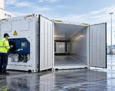 Technician inspecting a reefer container for temporary cold storage rental at a European logistics site.