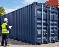 Logistics worker with a clipboard examining a blue shipping container in a depot yard before reuse.