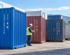 Inspector reviewing used shipping containers in different conditions at a container yard in Europe