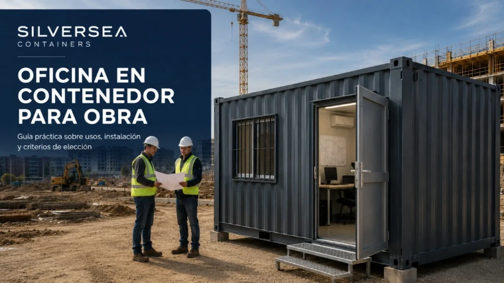 Oficina en contenedor para obra en España con módulo adaptado, interior equipado y personal técnico revisando planos en un proyecto de construcción