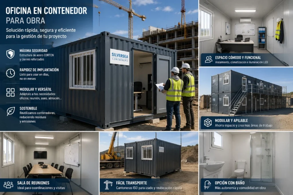 Oficina en contenedor para obra en España con interior equipado, opción modular y solución técnica de SILVERSEA Containers para proyectos de construcción