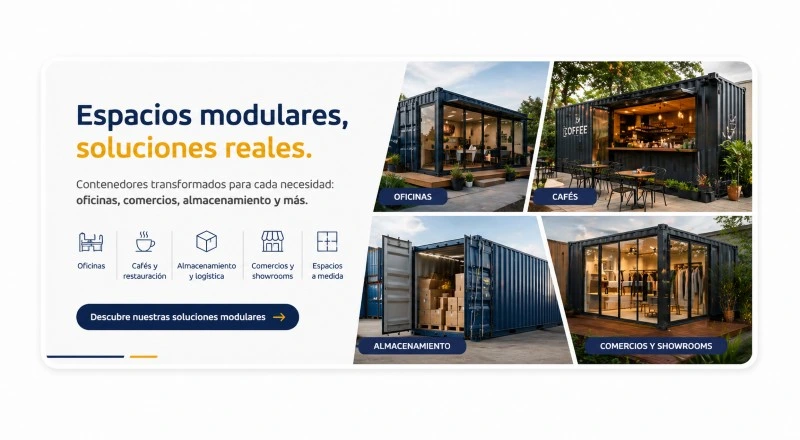 Banner de SILVERSEA Containers sobre espacios modulares en contenedores para oficinas, cafés, almacenamiento y comercios en España