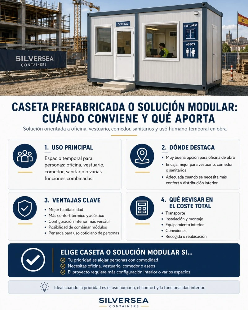 Caseta prefabricada o solución modular para oficina, vestuario y aseos en una obra en España