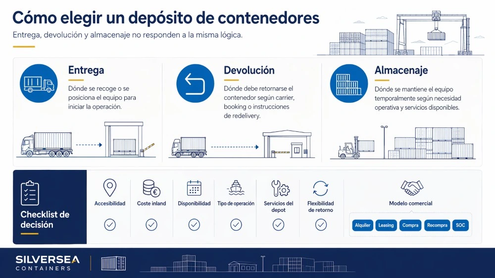 nfografía sobre cómo elegir un depósito de contenedores, con diferencias entre entrega, devolución y almacenaje, y checklist de decisión logística.