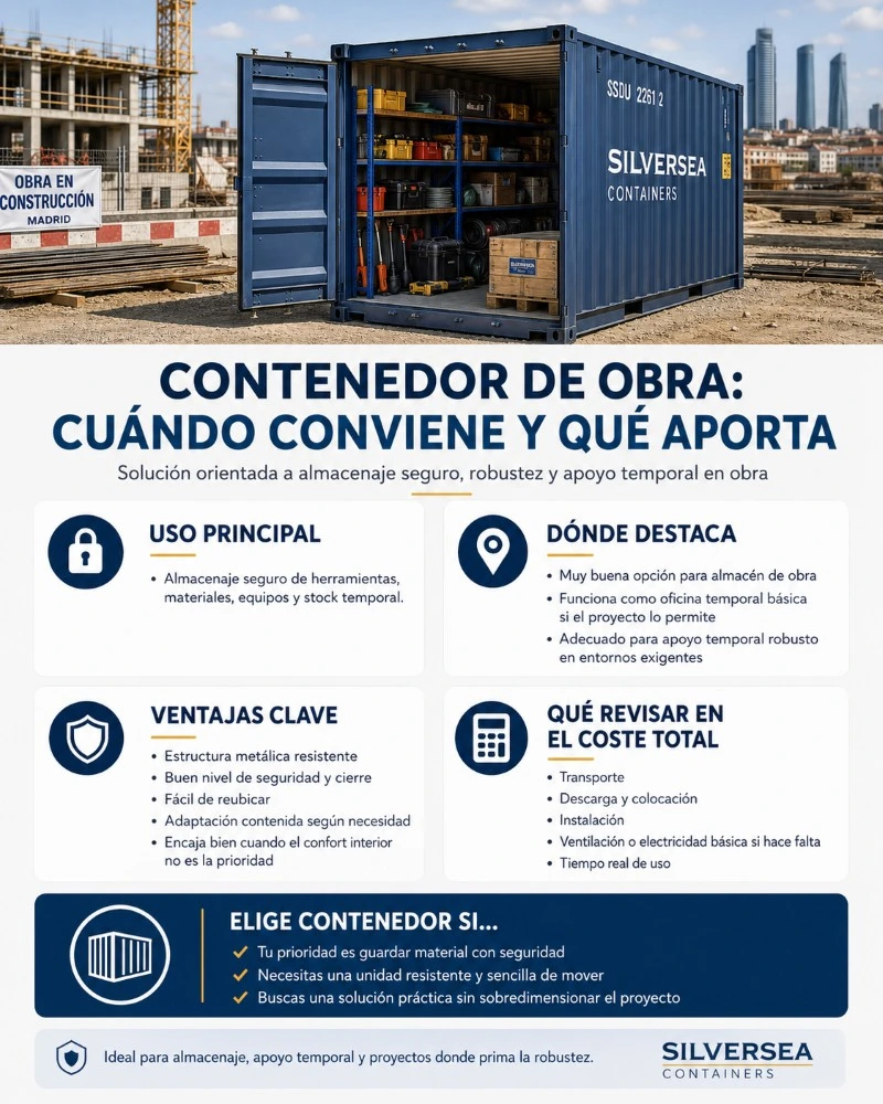 Contenedor de obra de SILVERSEA Containers usado como almacén seguro para herramientas y materiales en una obra en España