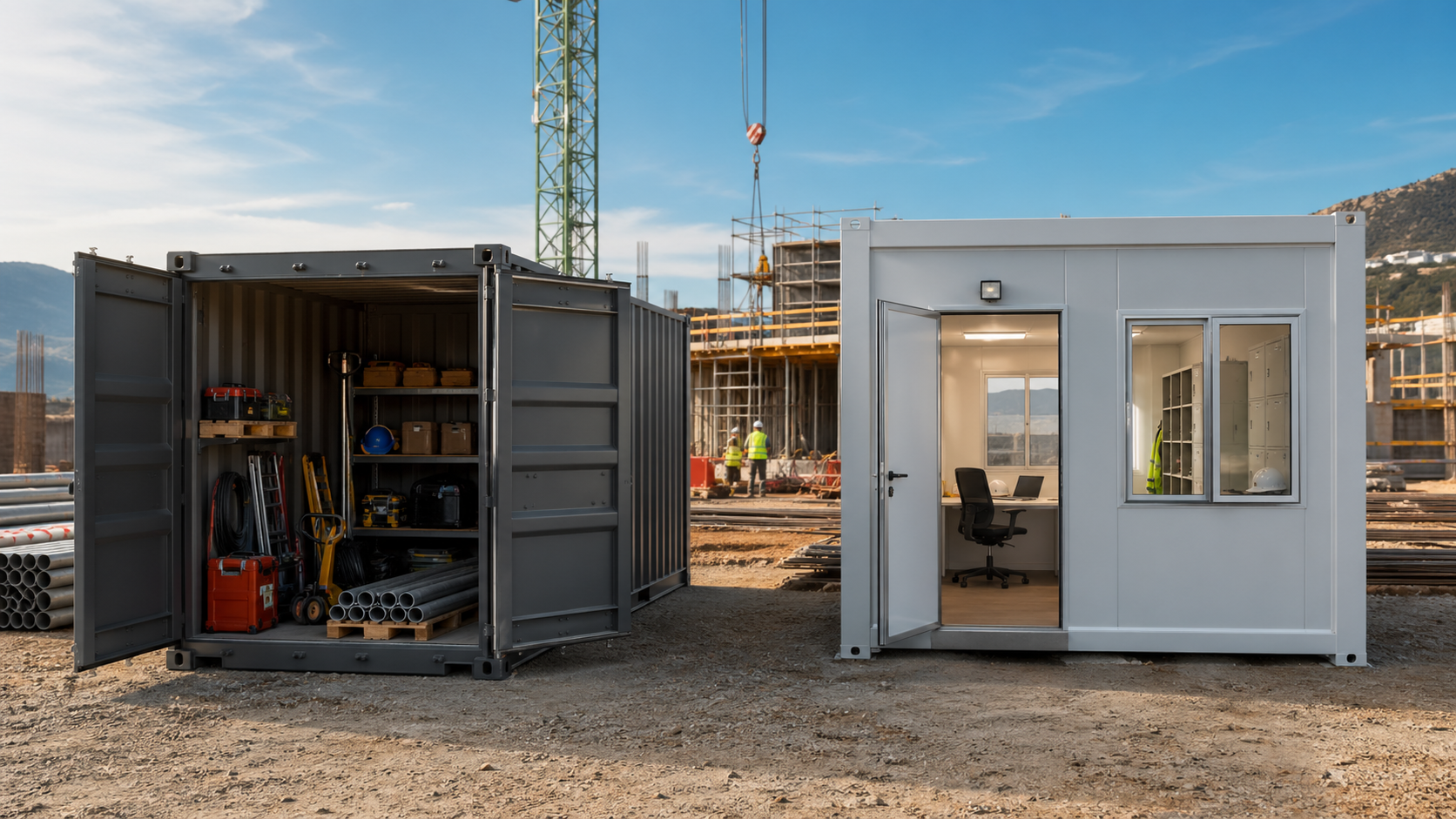 Contenedor de obra para almacenaje y caseta prefabricada para oficina temporal en una construcción en España