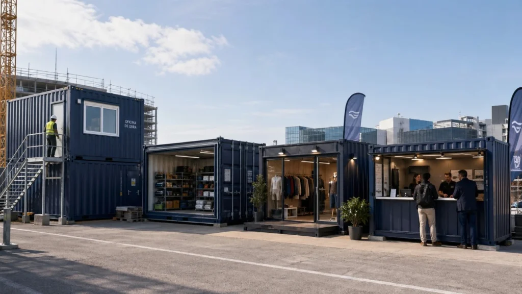 Contenedores adaptados de SILVERSEA Containers para obra, industria, retail y eventos en un entorno empresarial en España